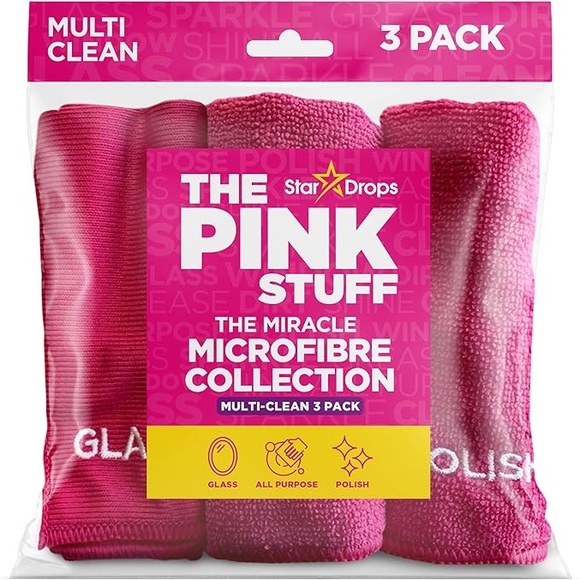 PINK STUFF 3 VIBRANT PINK MICROFIBRE CLOTHS -ALL PURPOSE/GLASS/POLISH - Picture 6 of 6